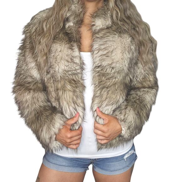 Faux Fur Bomber Coat Womens Medium Brown Fuzzy Fluffy Jacket Thick Preppy NWT - Picture 2 of 15